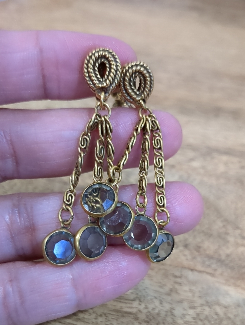 Vintage Goldette Crystal Earrings with Faceted Smoky Crystal Dangles